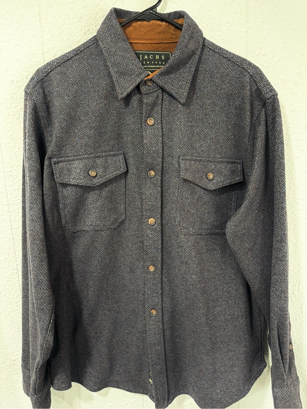 Jachs Men's Charcoal Herringbone Shirt Jacket with Brown Collar Trim